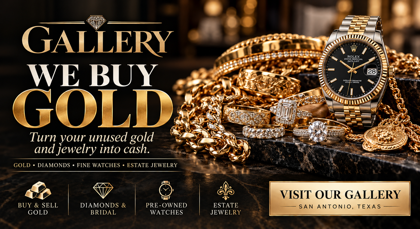 We Buy Gold flyer — dark
