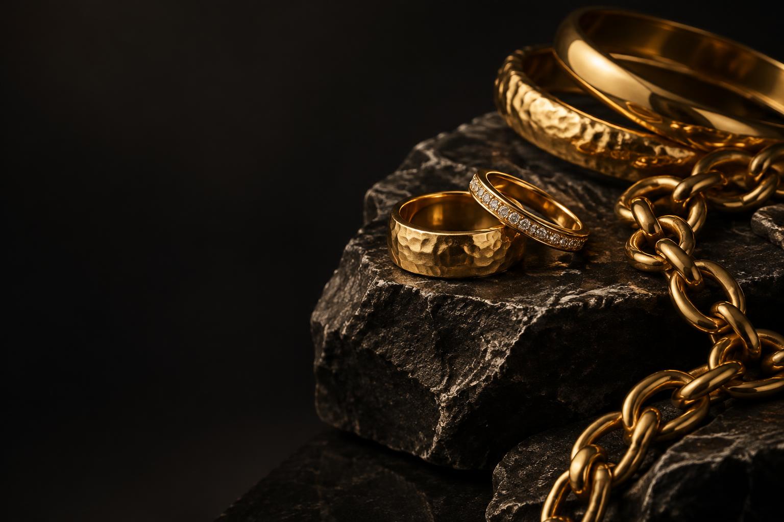Warm gold rings, bangles and chain on black stone