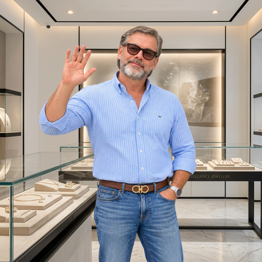 Rene Hirsch waving in a digitally edited jewelry-shop setting
