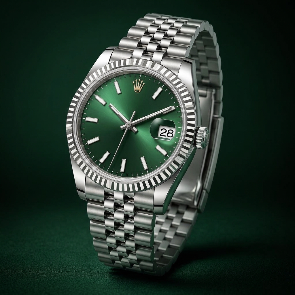 Green-dial Rolex-inspired watch on a deep green backdrop